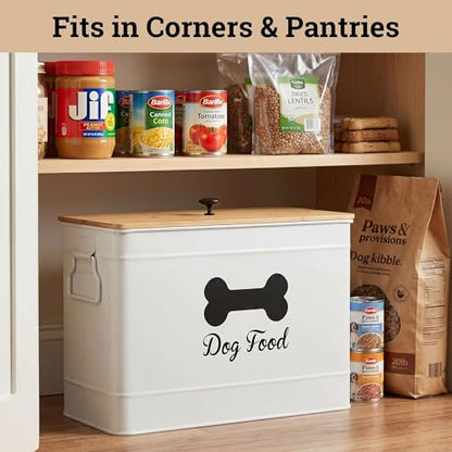Metal Dog Food Container 15-20 lbs w/ Airtight Bamboo Lid, 70 Cup Capacity - color: White
