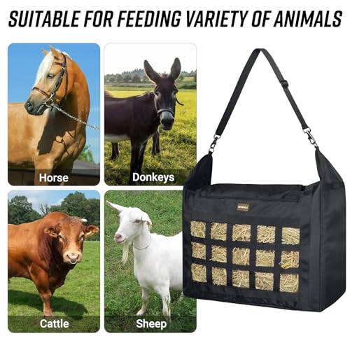 Hay Bag for Horses,Slow Feeder for Horse/Donkey/Goat, Premium 1680D Oxford Cloth,Easy to Fill and Hang with Extra Large Opening（Black）
