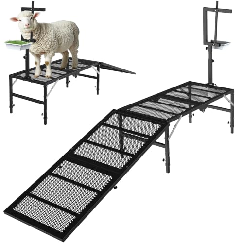 Foldable Goat Stand with Removable Ramp, 51x23" Livestock Trimming Stand with Feed Tray, Metal Goat Sheep Stand 500lbs Capacity for Trimming Shearing Milking Hoof with Adjustable Headpiece & Height