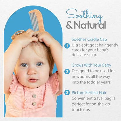 Wooden Baby Hairbrush & Comb Set | Soft Goat Hair, for New Born & Toddlers
