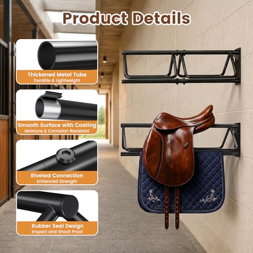 2 Pcs Saddle Rack Wall Mount with Saddle Pad Bar, 120-lb Capacity Heavy Duty Steel Horse Saddle Stand, Blanket Holder Tack Storage for Western English Saddles, Tack Room Barn Organizer, Black