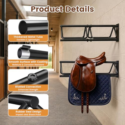 2 Pcs Saddle Rack Wall Mount with Saddle Pad Bar, 120-lb Capacity Heavy Duty Steel Horse Saddle Stand, Blanket Holder Tack Storage for Western English Saddles, Tack Room Barn Organizer, Black