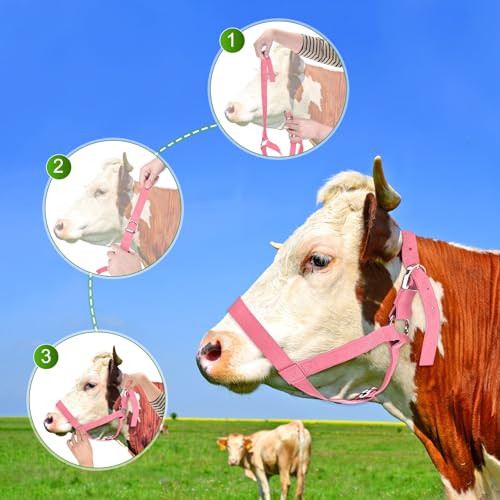 M METERXITY 2-Pack Adjustable Cattle Cow Calf Halter, 13.78"-17.7" Nylon Livestock Cow Halter with Leading Rope for Miniature Horse/Donkey/Goat/Cattle [Pink]