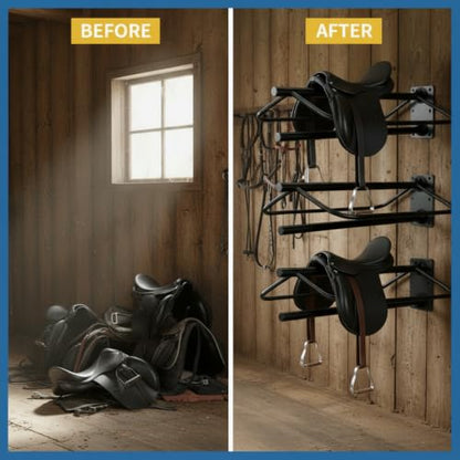 Wall Mounted Saddle Rack with Blanket Bar, Heavy Duty Metal Horse Saddle Stand for Western Saddles, Space Saving Tack Room Organizer for Barns, Stables & Trailers (1)