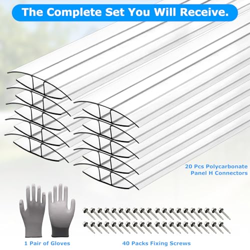 10-Pack 4ft Greenhouse Polycarbonate H-Channel Connectors, Heavy-Duty Twinwall Panel Joiners for 0.32” and 0.4” Panels, Weather Resistant Design, Includes 20 Screws and Work Gloves - size: 4' × 2.32’’ × 0.4’’