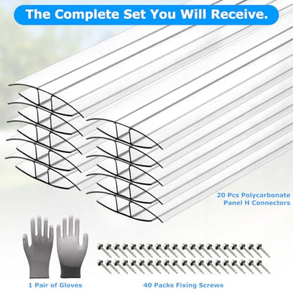 10-Pack 4ft Greenhouse Polycarbonate H-Channel Connectors, Heavy-Duty Twinwall Panel Joiners for 0.32” and 0.4” Panels, Weather Resistant Design, Includes 20 Screws and Work Gloves - size: 4' × 2.32’’ × 0.4’’