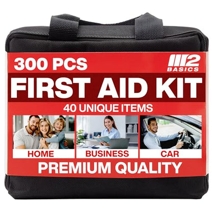 M2 BASICS 300 Piece Premium First Aid Kit w/Durable Bag for Home, Business | Office, Workplace, Car, Garage, Kitchen, Family, Classroom, Jobsite, Warehouse, School, Vehicle And Emergency Preparedness - size: 300 Piece Set