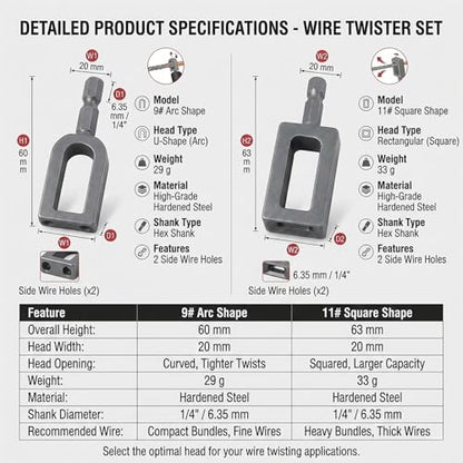 Wire Twister Tool for Drill, Wire Nut Twister Knotter 2pcs Fence Wire Steel Rebar Tying Tool with 6mm Hex Shank, Electric Drill Wire Twister for Fencing Rebar Tying Garage Door Spring Winding (#9+#11)