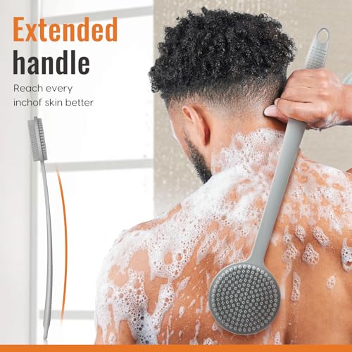Silicone Back Scrubber for Shower, 17in Lengthen Long Handle Body Brush, Double Sided Shower Brush for Shower Exfoliating and Massage Can Produce Rich Foam, Long Handle Back Scrubber for Men - color: Gray