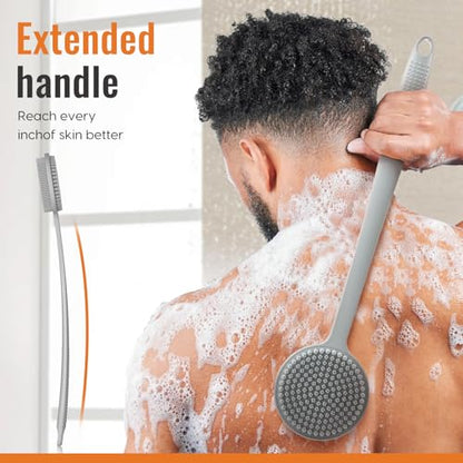 Silicone Back Scrubber for Shower, 17in Lengthen Long Handle Body Brush, Double Sided Shower Brush for Shower Exfoliating and Massage Can Produce Rich Foam, Long Handle Back Scrubber for Men - color: Gray