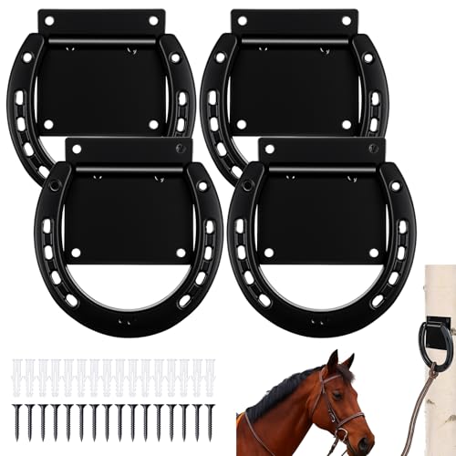 4 Set Tie Ring for Horse, Solid Steel Tie Ring for Horses with 3 x 3 Inch Expansion Screws Wall Mount Horseshoe Cross Ties Rings Horse Barn Supplies for Livestock Stable Stall Racetrack