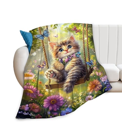Funny Cat Blanket Gifts for Girls Boys Butterfly Throw Blankets Cute Cat on a Swing Fleece Flannel Stuff Soft Lightweight Flowers Plush Blanket for Kids Teens Adults Bed Sofa Decor 60"x50" | Cute Cat on a Swing Stuff Fleece Flannel Throws Soft Lightweight