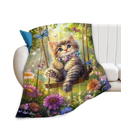 Funny Cat Blanket Gifts for Girls Boys Butterfly Throw Blankets Cute Cat on a Swing Fleece Flannel Stuff Soft Lightweight Flowers Plush Blanket for Kids Teens Adults Bed Sofa Decor 60"x50" | Cute Cat on a Swing Stuff Fleece Flannel Throws Soft Lightweight