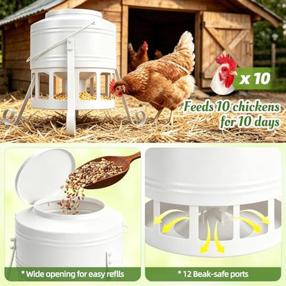 Metal Chicken Feeder, 20Lbs Large No Waste Chicken Feeder with 12 Ports, Heavy Duty Poultry Feeder with Lid & Handle, Rat Proof Rust Proof Feed Box for Chickens Ducks Geese Backyard Farm (White) - color: White