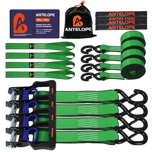 A ANTELOPE 4 Pack 1.5" x 15' Ratchet Tie Down Straps with S Hooks, Green - color: Green, size: 4PK-1.5in