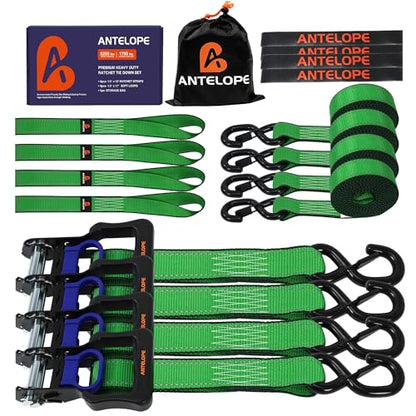 A ANTELOPE 4 Pack 1.5" x 15' Ratchet Tie Down Straps with S Hooks, Green - color: Green, size: 4PK-1.5in
