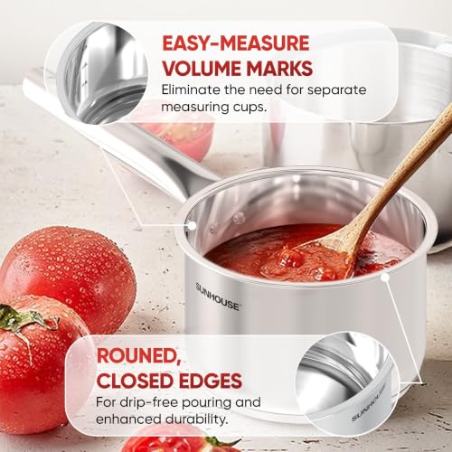 Sunhouse: Stainless Steel Saucepan - Classic: 1.5 Quart - Tempered Glass Lid, 3-Ply Bottom, Round-Edge Cookware Pot, All Cooktop-Oven-Dishwasher Safe