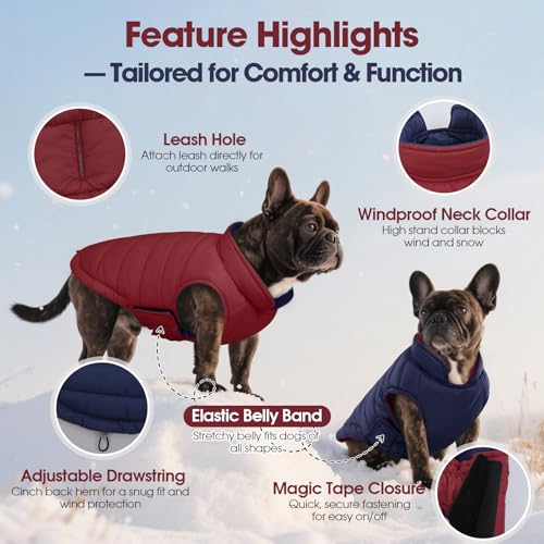 QBLEEV Reversible Dog Jacket, Windproof Dog Coat, Lightweight Puffer Vest - color: Date-Red, size: Small