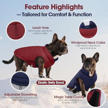 QBLEEV Reversible Dog Jacket, Windproof Dog Coat, Lightweight Puffer Vest - color: Date-Red, size: Small
