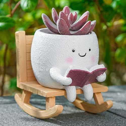Rocking Chair Emoticon Reading Book Resin Planter with Drainage Hole, Resin Flower Pot Indoor Outdoor, for Flowers Plants, Succulents, Seed Starting Pot - color: White Reading