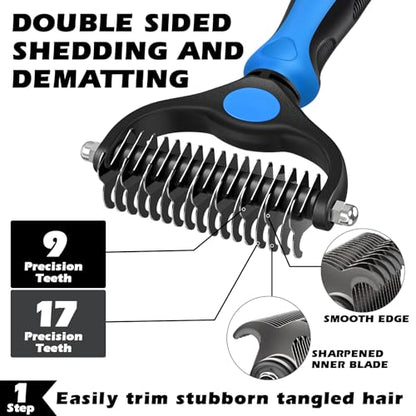 Professional 3PCS Self Cleaning Slicker Brush & Pet Grooming Rake & Flea Comb for Dogs,Cats and Horses | Double-Sided Dematting Comb & Skin Friendly Deshedding Grooming Tool | Pet Supplies (Blue) - color: Blue