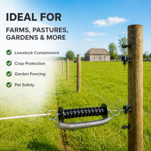 Heavy Duty PP Electric Fence Spring Gate Kit with Handles | With 10-Pack Insulators for Farm, Ranch, Garden, Toolless Strain Insulator Kit For Chain Link, Metal T-Post Farm Fence