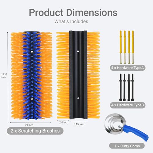 Livestock Scratching Brush 2 Pack, Horse Goat Brush Heavy Duty Scratcher Supplies with Stainless Steel Curry Comb for Barn Pasture Horse, Goat, Cattle, Pig Massage Grooming Itch Relief -17.35×7.5 In