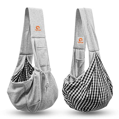 Tomkas Small Dog Cat Sling Carrier Puppy Purse Travel Wrap Soft Crossbody Pet Bag (Gray, M - Classic Pocket & Classic Strap) - color: Gray