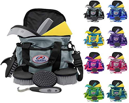 Derby Originals 9Piece Horse Grooming Set with Matching Nylon Carry Bag - Available in 8 Fun Colors, Grey & Black - color: Grey/Black