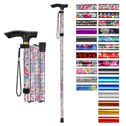 supregear Folding Cane, 5-Level Adjustable Height Walking Stick Lightweight Collapsible Portable Travel Cane with Wrist Strap and T Handle for Elderly Disabled Men Women - color: White Floral