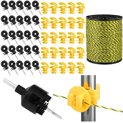 Kanayu 52 Pcs Electric Fence Kit Include 3366 ft Poly Wire 25 Black Fence Ring Insulators 25 Yellow T Post Insulators Socket Tool for Pet Animal Horse Cattle Livestock Pasture - size: 3366 ft