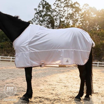 BARN & STABLE Breathable and UV Protective Tear-Resistant Mesh Horse Fly Sheet Comfy Equine Summer Sheet with Removable Web Leg Straps - color: White - Loose Fit, size: 75 in
