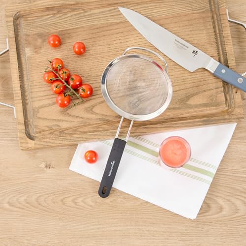 Restaurantware Fine Mesh Strainer 1 Count 12.6" x 5.5" x 2.3" with Silicone Handle Stainless Steel Extra Fine Mesh Strainer Heat-Resistant Handle Dishwasher-Safe for Rice, Quinoa, Pasta - size: Standard, Extra Fine Mesh-5 1/2"