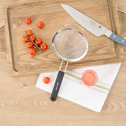 Restaurantware Fine Mesh Strainer 1 Count 12.6" x 5.5" x 2.3" with Silicone Handle Stainless Steel Extra Fine Mesh Strainer Heat-Resistant Handle Dishwasher-Safe for Rice, Quinoa, Pasta - size: Standard, Extra Fine Mesh-5 1/2"