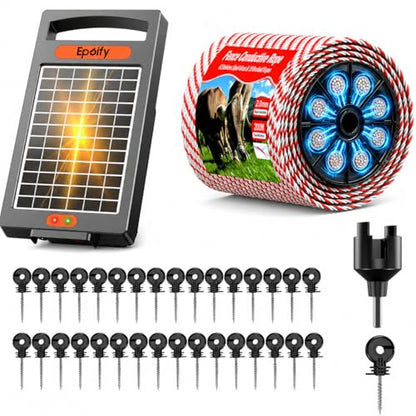 24 Hour Solar Electric Fence Charger, 10 Miles+Epoify Electric Fence Wire and Insulator Kit, 200m/656FT Polywire with 50 Screw-in Insulators