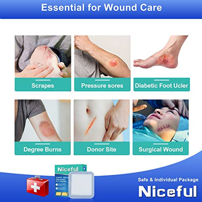 Niceful Super Absorbent Wound Dressing 4" x 8" (10 Pcs) – Sterile Non Stick Gauze Pads for Wound Care, Heavy Exudate Large Bandages for Pressure Ulcers, Bedsores, Diabetic Foot Ulcers - size: 4"x8"(10PCS)