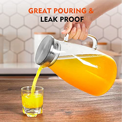 Aofmee 100 Oz Glass Pitcher, 3L Water Pitcher with Lid, Iced Tea Jar with 304 Stainless Steel Lid and Spout, Heat Resistant Jug for Sun Tea, Water Carafe for Cold or Hot Beverage Serveware Juice | Thickened Borosilicate Glass Iced Tea Pitcher, Drip-free S