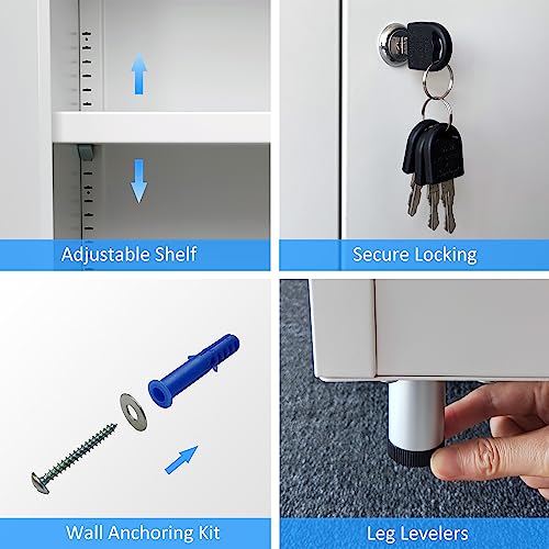 JINGUR Metal Storage Cabinet with Locking Doors and Adjustable Shelf, Small Lockable Sideboard Buffet Cabinet for Home Office Hallway Entryway Living Dining Room (White) - color: White