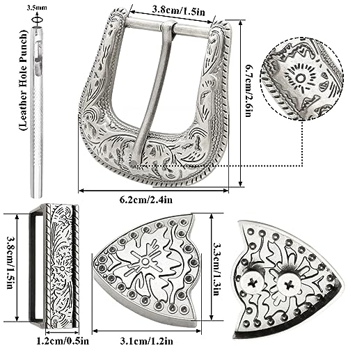 QuneusHot 6 Pieces Cowboy Replacement Belt Buckle Set 1.5"(38mm) Strap Western Floral Engraved Silver Buckles for Men Women - color: Antique Silver