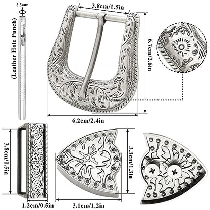 QuneusHot 6 Pieces Cowboy Replacement Belt Buckle Set 1.5"(38mm) Strap Western Floral Engraved Silver Buckles for Men Women - color: Antique Silver