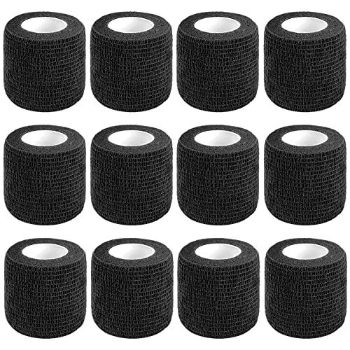CIYAGPOOU 12 Pack Self Adhesive Bandage Wrap,2 Inches 5 Yards Black Vet Wrap Breathable Flexible Stretchy Cohesive Bandage for First Aid, Sprains Protection