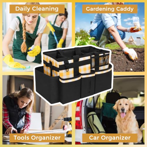 SCAVATA Wearable Cleaning Caddy, Cleaning Caddy Supplies Organizer with Handle & Shoulder Straps for Housekeepers, Under Sink & Car Cleaning Tool Organizers Bag with 4 Foldable Divider (YellowPlaid) - color: YellowPlaid