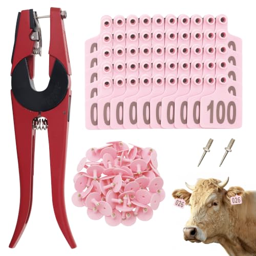 100 PCS Cattle Ear Tags Numbered 001-100 with Pliers for Goats Sheep Pigs - color: Pink