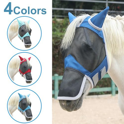 Horse Fly Mask with Ears & Long Nose, Fine Mesh Royal Blue Full - color: Royal Blue, size: Full