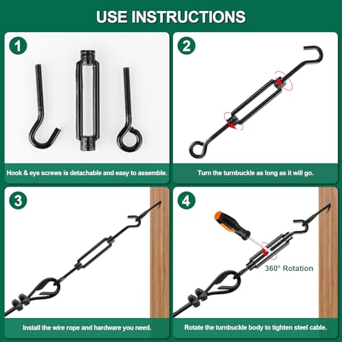 Black Small Turnbuckles for Cables Wire, M5 Hook and Eye Tensioner - size: 6 Pcs M5 x 4.7"