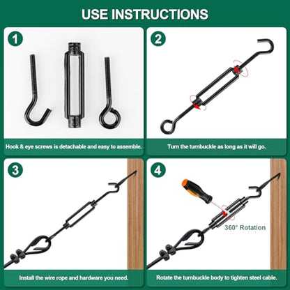 Black Small Turnbuckles for Cables Wire, M5 Hook and Eye Tensioner - size: 6 Pcs M5 x 4.7"