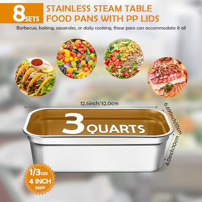 8 Pcs 304 Stainless Steel Food Storage Containers with Lids 1/3 Size Hotel Pan Chicken Food Grade Pans Metal Meal Containers for Restaurant Stackable Kitchen Freezer Buffet(4 Inch Deep) - size: 4 Inch Deep