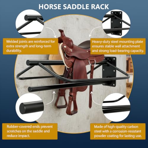 Wall Mounted Saddle Rack with Blanket Bar, Heavy Duty Metal Horse Saddle Stand for Western Saddles, Space Saving Tack Room Organizer for Barns, Stables & Trailers (1)