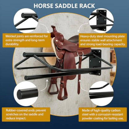 Wall Mounted Saddle Rack with Blanket Bar, Heavy Duty Metal Horse Saddle Stand for Western Saddles, Space Saving Tack Room Organizer for Barns, Stables & Trailers (1)