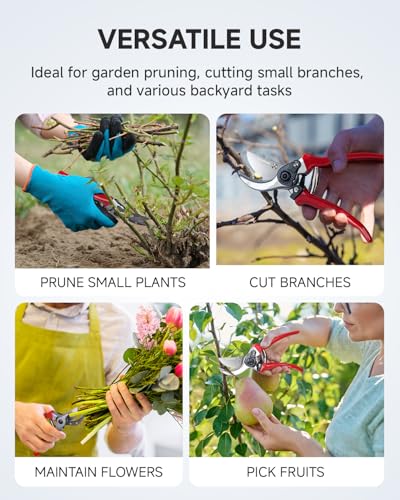 Fondwell 8.5" Professional Hand Pruners Bypass Pruning Shears for Gardening | Heavy Duty Garden Clippers, Cuts 1-Inch Branches, Comfortable Use - Trusted by Professional Landscapers and Nursery Workers - color: Red (Bypass)